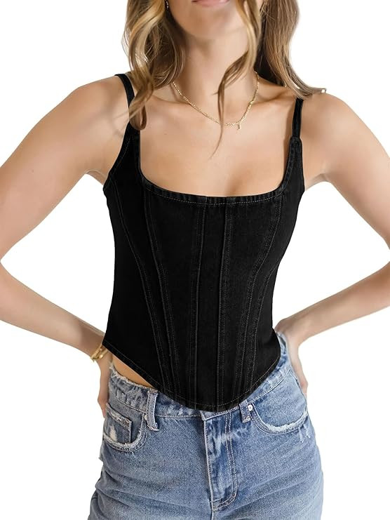 Imily Bela Womens Denim Corset Tank Tops Sleeveless Slim Fit Vest Spaghetti Strap Summer Crop Top | Amazon (US)
