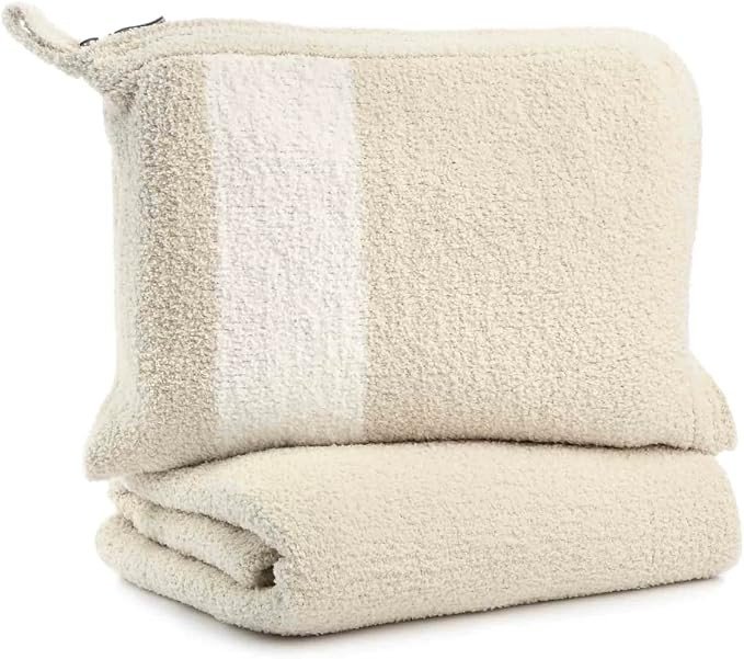 KASHWÉRE Stripe Travel Blanket in Zipper Pouch, Use as Mini Throw or Pillow (Malt/Creme) | Amazon (US)
