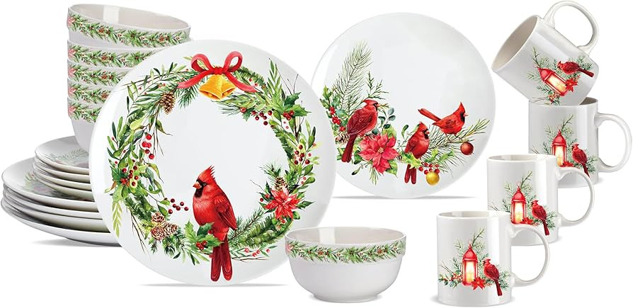 Zhehao 16 Pcs Christmas Cardinal Dinnerware Set Winter's Medley Ceramics Dinnerware Holly and Ivy... | Amazon (US)