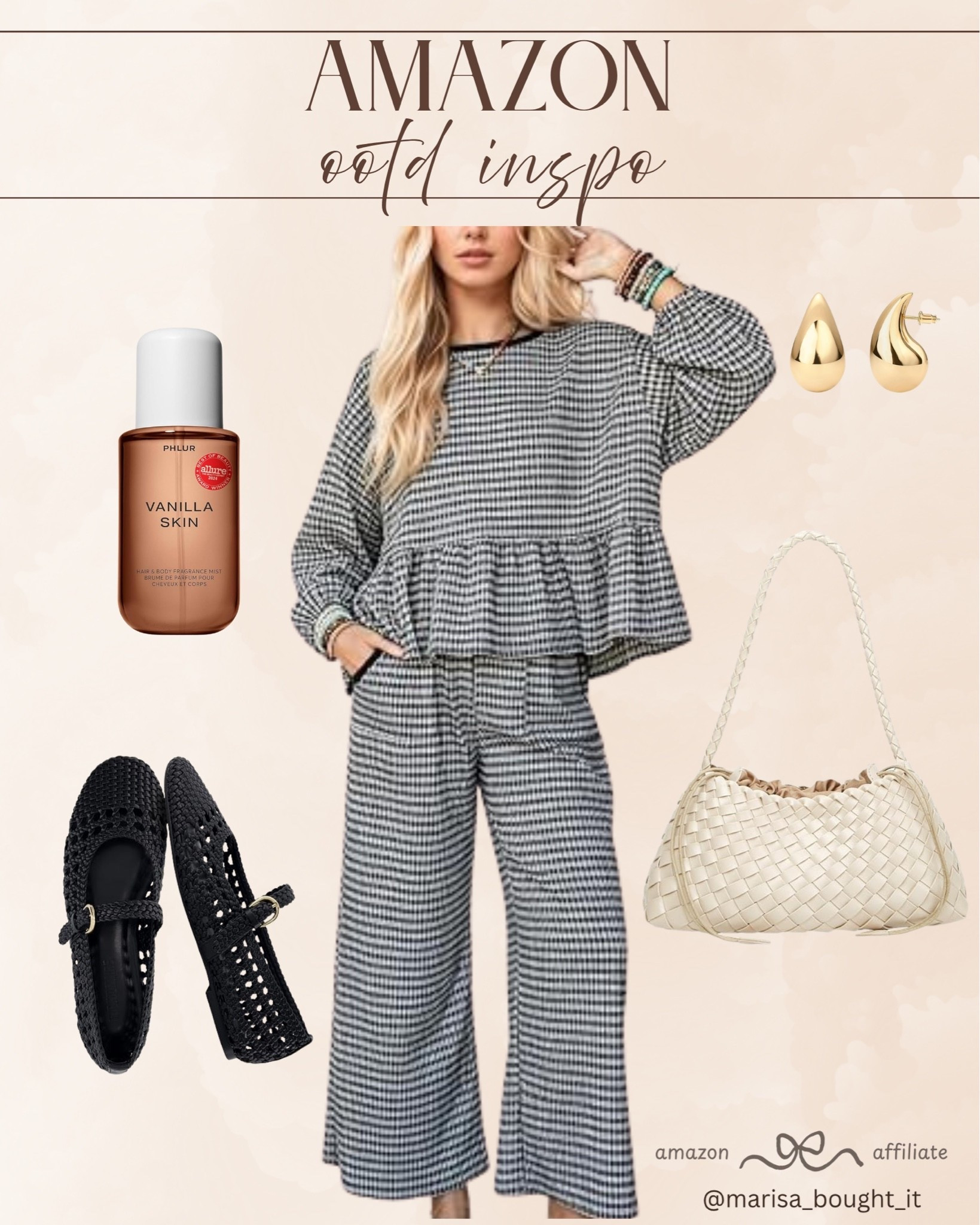 Effortless sets for fall! 🖤
I styled a matching houndstooth peplum top and wide-leg trousers for a comfy yet polished look.

I paired it with black woven Mary Jane flats, a cream woven shoulder bag, drop earrings, and Phlur Vanilla Skin fragrance. ✨

#AmazonFashion #AmazonFinds #OOTD #LTKfashion #FallStyle #CozyChic #MatchingSet #AutumnInspo #EverydayStyle

#LTKootd