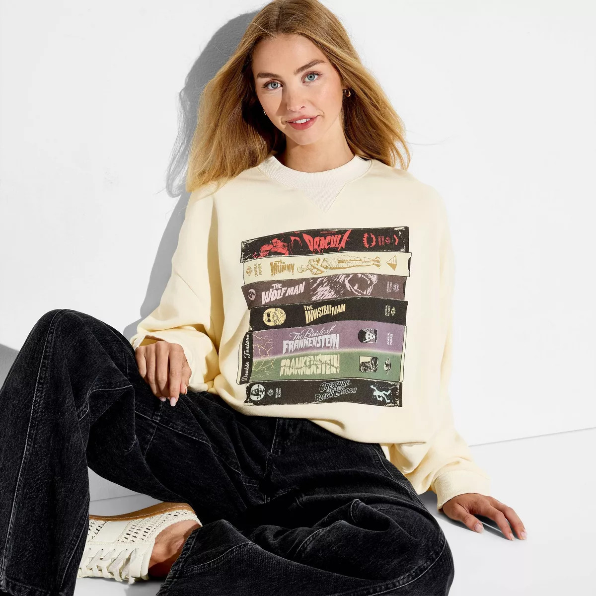 Women's Crewneck Universal Monsters Graphic Pullover Sweatshirt - Off-White L | Target