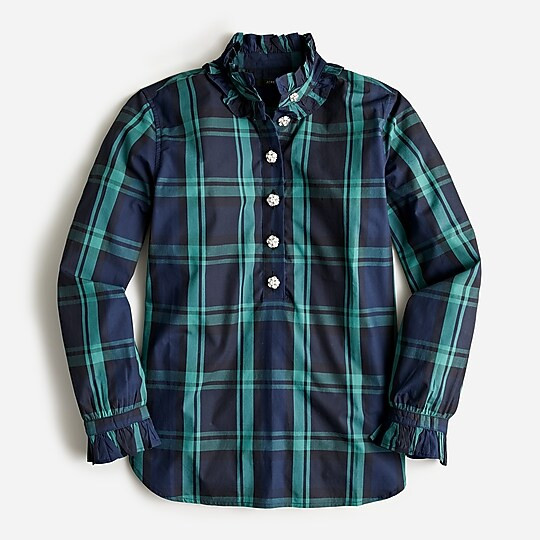 Classic-fit ruffle-neck popover in Black Watch tartan with jewel buttons | J. Crew US