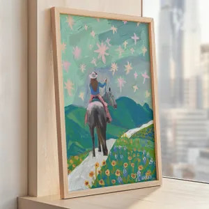 Cowgirl Art Print: Texas Wildflowers, Mountain Horses, Mid-Century Modern Decor | Etsy (Global)