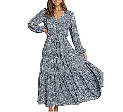 PRETTYGARDEN Women's 2023 Fall Long Sleeve V Neck Ruffle Maxi Dress Casual Tie Waist Boho Chiffon... | Amazon (US)