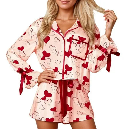 CONZONE Valentines Pajamas for Women Set 2 Peice Pjs Set for Women Valentine'S Day Love Heart Print Long Sleeve Sleepwear Tops Shorts Warm Cozy Sleepwear Loungewear Sets | Walmart (US)