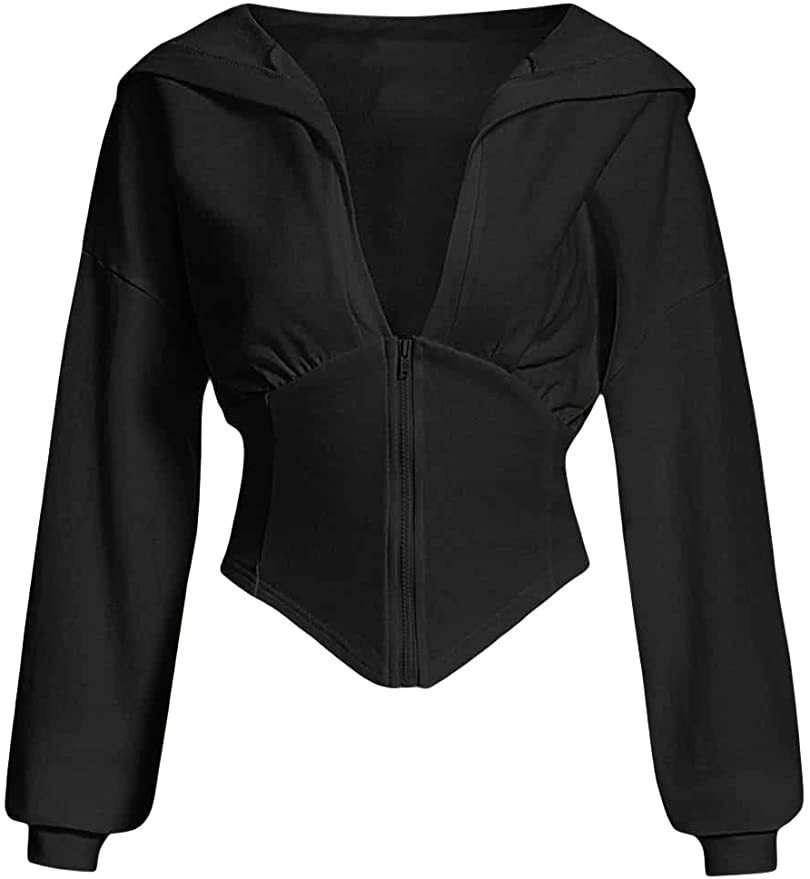Verdusa Women's Zip Up Long Sleeve Asymmetrical Crop Hoodie Sweatshirt Top | Amazon (US)