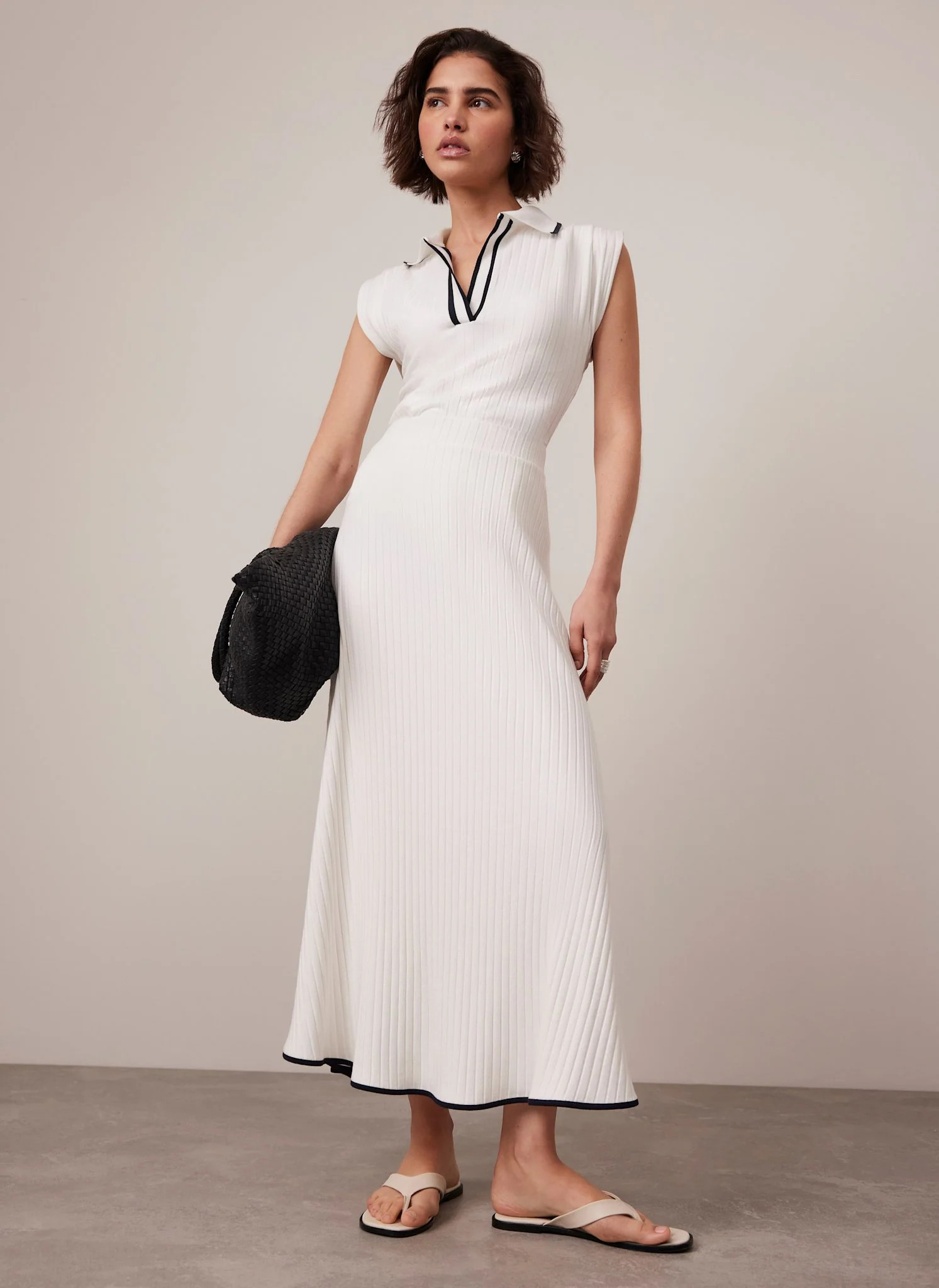 White Ribbed Contrast Hem Midi Skirt | Mint Velvet