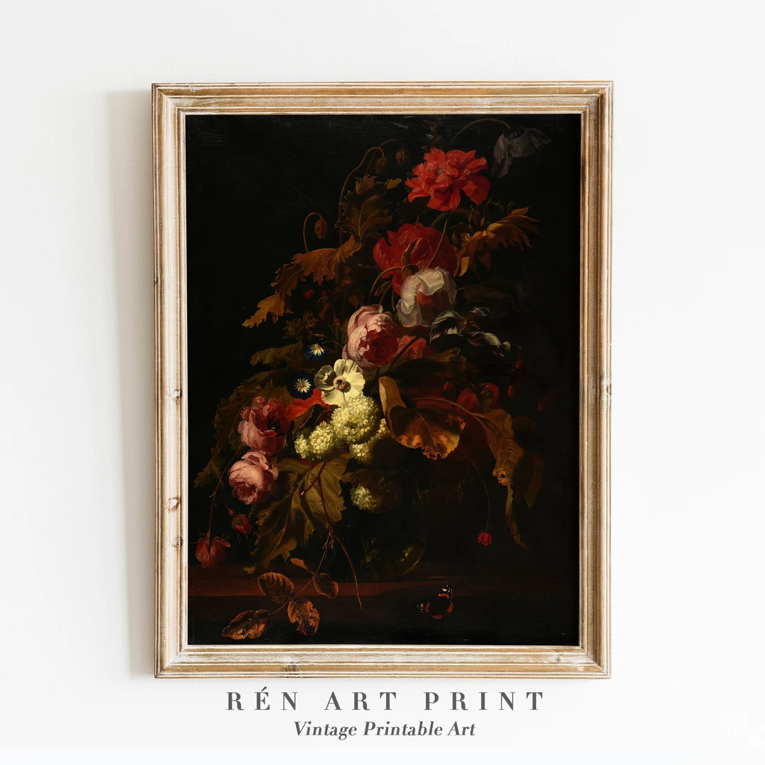 Moody Floral Print Antique Oil Painting Printable Wall Art - Etsy | Etsy (US)