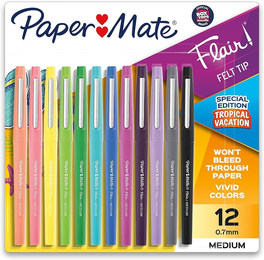Paper Mate Flair Felt Tip Pens, Medium Point (0.7mm), Tropical & Classic Colors, 12 Count | Amazon (US)