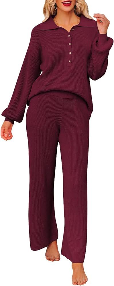 Pink Queen Women's 2 Piece Outfit Sweater Set Long Sleeve Button Knit Pullover Top Wide Leg Pants... | Amazon (US)