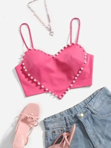 SHEIN ICON Pearls Decor Heart Pattern Asymmetrical Hem Cami Top SKU: sw2111101682290251(1000+ Rev... | SHEIN
