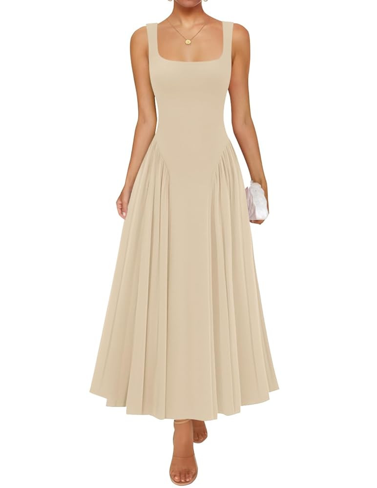 ZESICA Womens 2025 Summer Sleeveless Square Neck Sundress Casual Long Flowy A Line Knit Dress Bea... | Amazon (US)