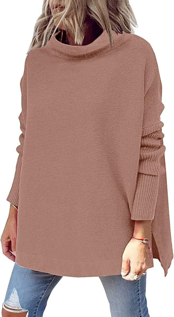 LILLUSORY Women's Turtleneck Casual Tops Long Batwing Sleeve Spilt Hem Ribbed Knit Pullover Sweat... | Amazon (US)