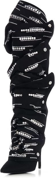 Women's suede Sparkly Rhinestone Stiletto Knee High Pointed Toe Zipper High Heel Shark Boots Sexy... | Amazon (US)