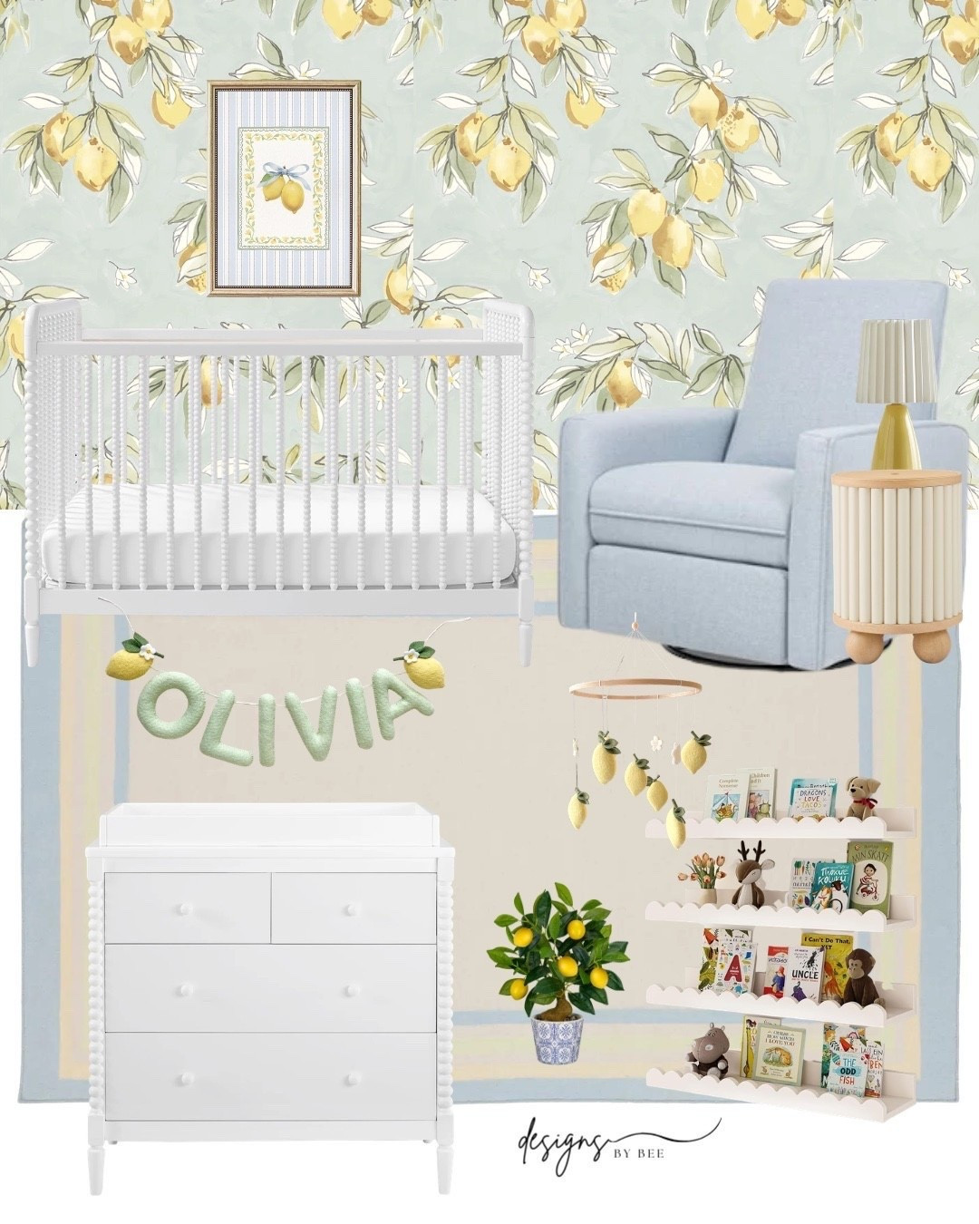 lemon theme nursery, baby girl nursery, grandmillennial nursery, modern traditional nursery, southern traditional style, white spindle crib, light blue nursery glider, lemon wallpaper, botanical wallpaper, white changing table, scalloped bookshelves, fluted side table, pleated table lamp, lemon baby mobile, personalized name banner, faux lemon tree, blue and white planter, framed lemon art, modern classic nursery decor