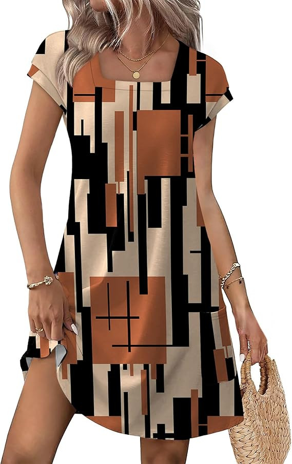 OFEEFAN Summer Dresses for Women 2026 Loose Square Neck Cap Sleeve Casual Beach Vacation Tshirt D... | Amazon (US)