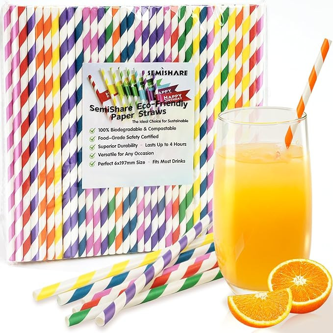 100 Pack Striped Paper Straws for Drinking– Sturdy & Non-Soggy – 100% Biodegradable disposabl... | Amazon (US)