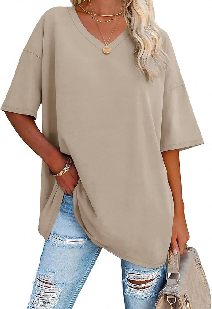 ATHMILE Womens Oversized T Shirts V Neck Tees Half Sleeve Cozy Comfy Tunic 2024 Y2K Tops Casual | Amazon (US)