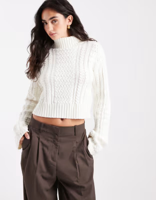 4th & Reckless cotton blend high neck cropped roll neck cable knit sweater in cream | ASOS (Global)