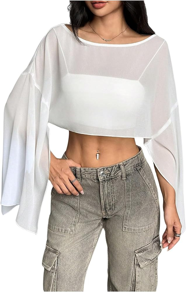 Women's Y2K Blouse Sheer Flowy Tops Crop Blouses Dressy Poncho Tops Boat Neck Long Sleeve Loose C... | Amazon (US)