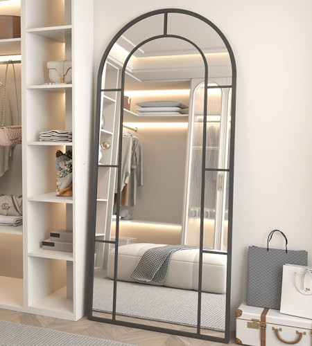 ZMYCZ Arched Full Length Mirror, 71"x32" Mirror Full Length, Oversized Floor Length Standing Mirrors, Large Body Wall Mounted Window Pane Mirrors, Hanging or Leaning (Black) | Amazon (US)