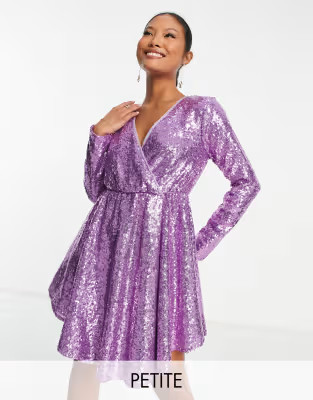 Collective the Label Petite exclusive sequin wrap mini dress in lilac | ASOS (Global)