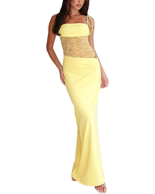 Women Sexy Lace Patchwork Maxi Dress Spaghetti Straps Y2K Sheer Long Bodycon Club Cocktail Long D... | Amazon (US)