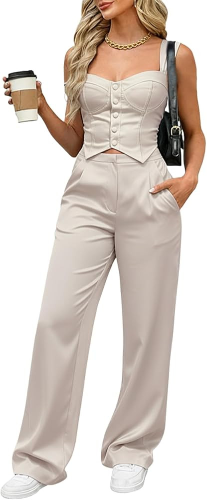 CHICME Women's 2 Piece Outfit Button Front Tank Top Wide Leg Pants Set | Amazon (US)