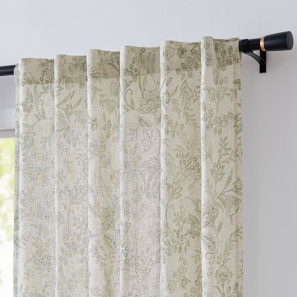 Lazzzy Linen Curtains Farmhouse Green Floral Print Curtains 84 Inches Long Back Tab Drapes for Li... | Amazon (US)