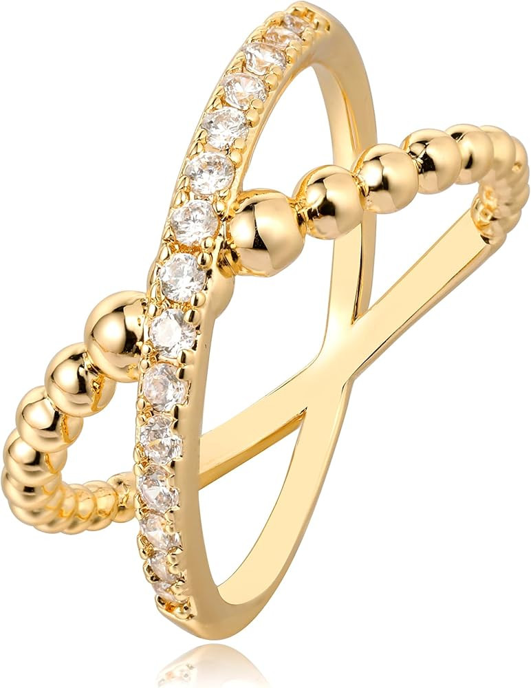 MTMY 14K Gold Plated X Ring CZ Simulated Diamond Criss Cross Ring for Women Jewelry Size 6-8 | Amazon (US)