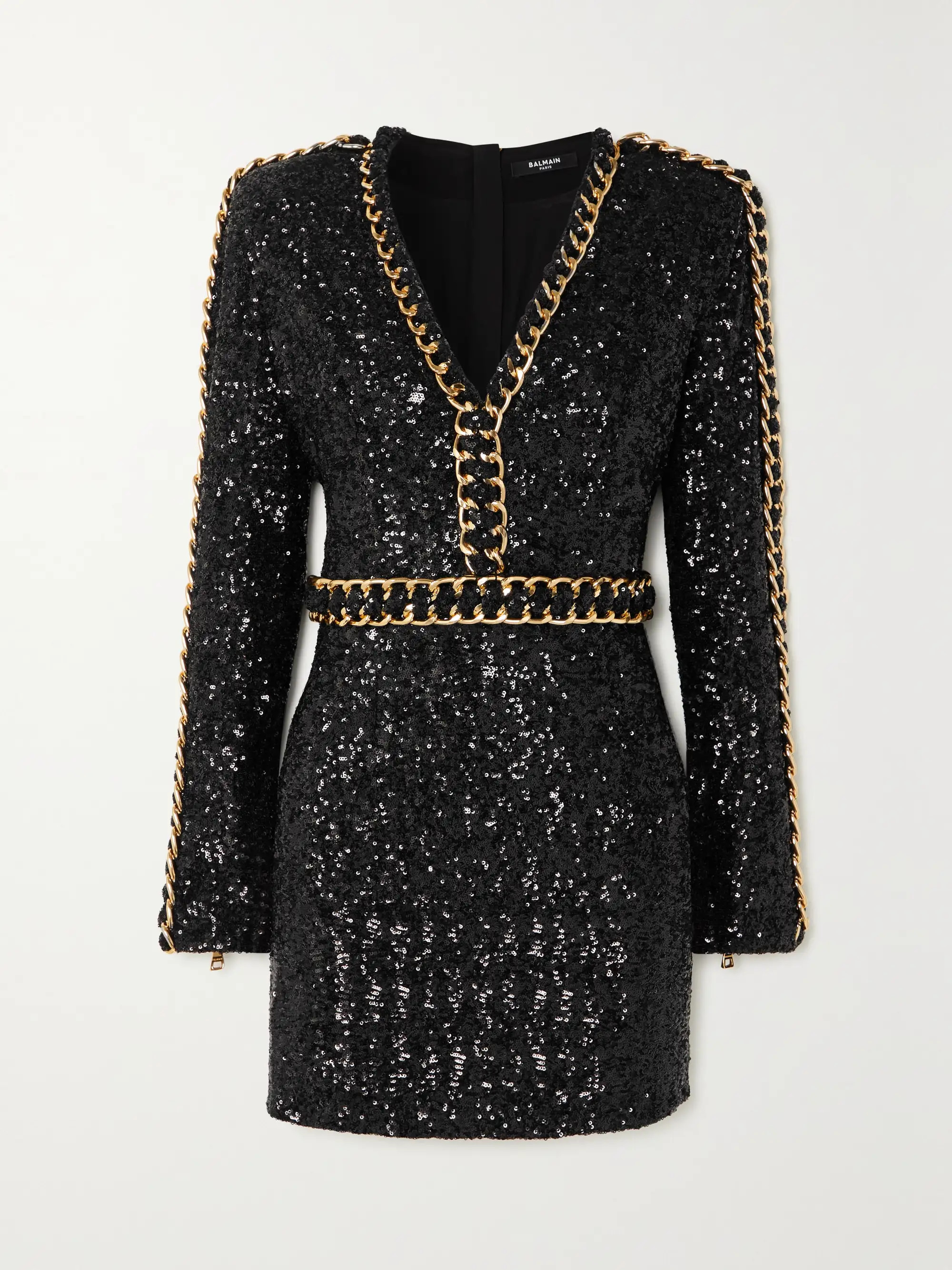 Black Embellished sequined crepe mini dress | BALMAIN | NET-A-PORTER | NET-A-PORTER (US)