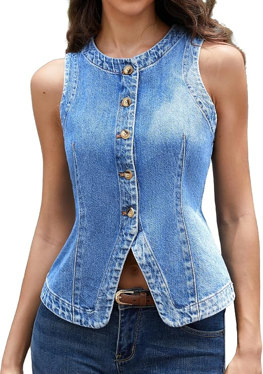 ELLEVEN Women’s Crew Neck Denim Vest Summer, Button Down Fitted Jean Vest Top for Women Casual ... | Amazon (US)