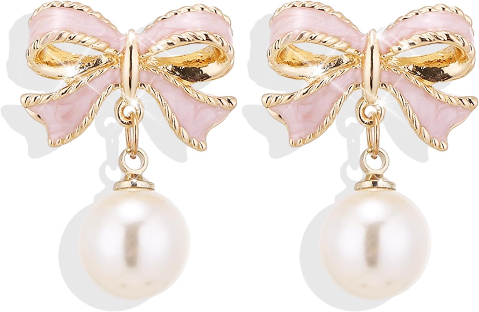 Bow Earrings for Women Teen Girls Trendy Gold Pearl Drop Dangle Earrings Bowknot Stud Wedding Par... | Amazon (US)