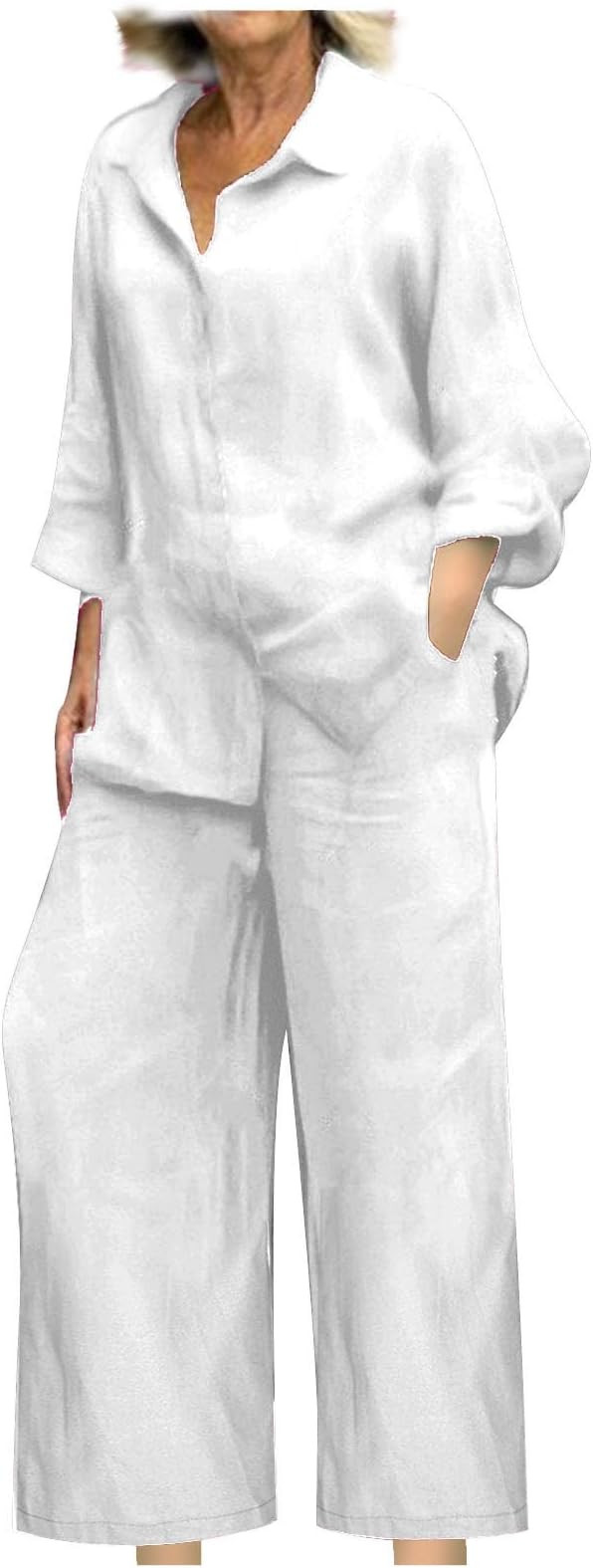 maisdgop Womens 2 Piece Outfits Summer Cotton Linen Set Casual Long Sleeve Button down Shirts and... | Amazon (US)