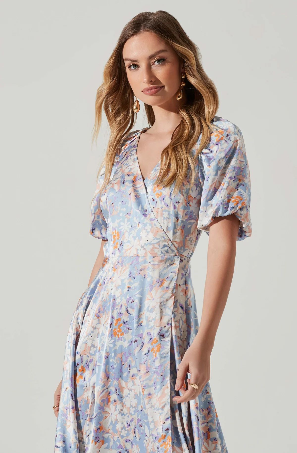 Satin Floral Bubble Sleeve Wrap Midi Dress | ASTR The Label (US)