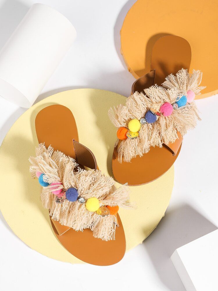 EMERY ROSE Pom Pom & Lace Decor Slide Sandals | SHEIN