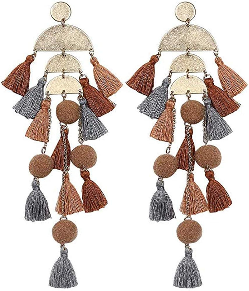 Long Tassel Earrings Statement Bohemian Pom Ball Handmade Drop Dangle Earrings for Women Girls | Amazon (US)