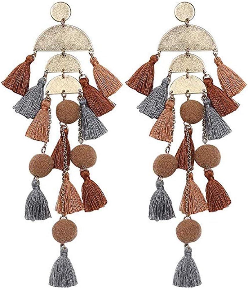 Long Tassel Earrings Statement Bohemian Pom Ball Handmade Drop Dangle Earrings for Women Girls | Amazon (US)