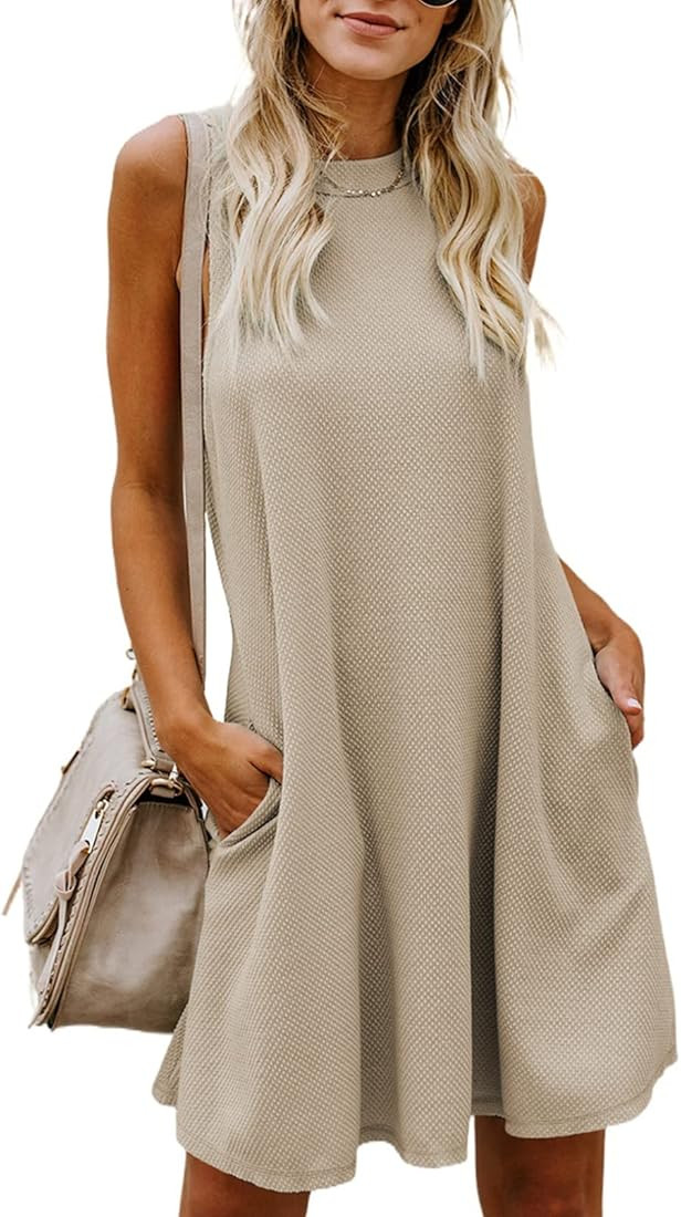 Dokotoo Womens 2023 Summer Dress Sleeveless Crew Neck Mini Tank Dress Short Flowy Sundress with P... | Amazon (US)