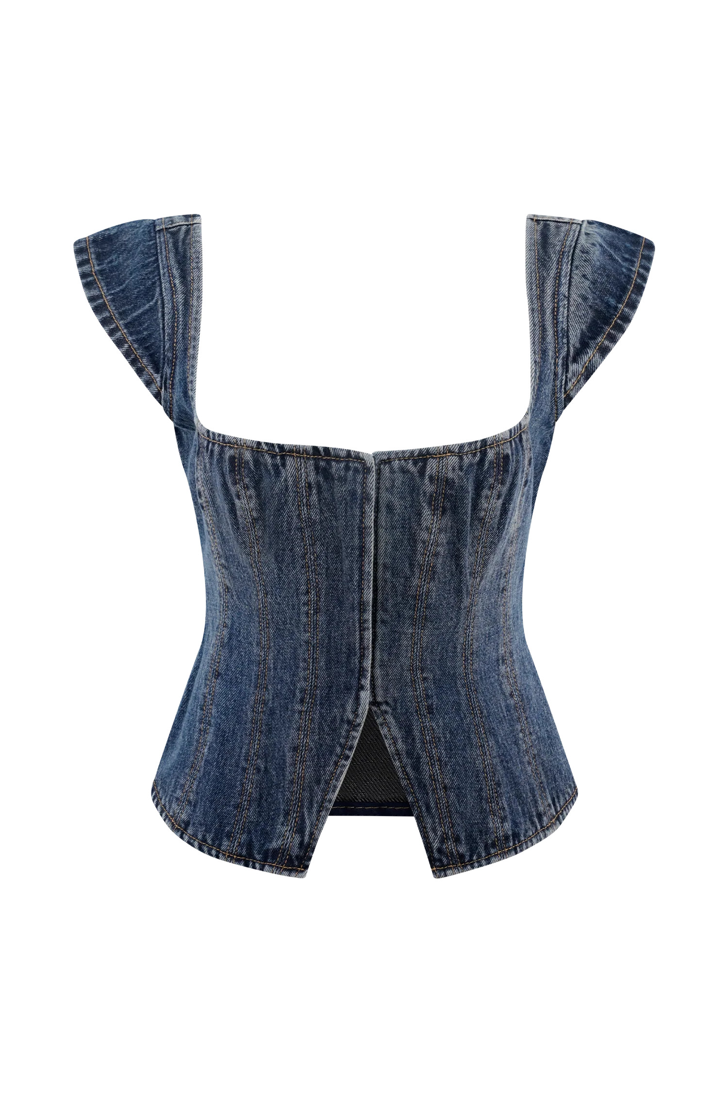 Loretta Cap Sleeve Denim Top - Washed Dark Blue | MESHKI US