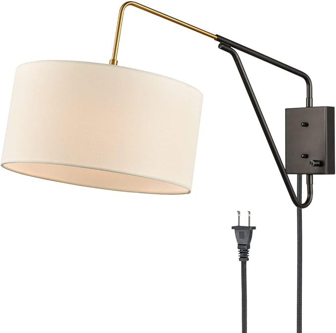 Bedroom Swing Arm Wall Lamp Bedside Wall Sconce,Plug in/Wall Mount + Off-White Fabric Shade 1-Lig... | Amazon (US)