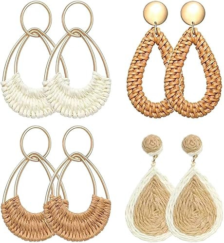 4 Pairs Handmade Raffia Rattan Bohemian Round Drop Dangle Earrings for Women, Boho Statement Cute... | Amazon (US)