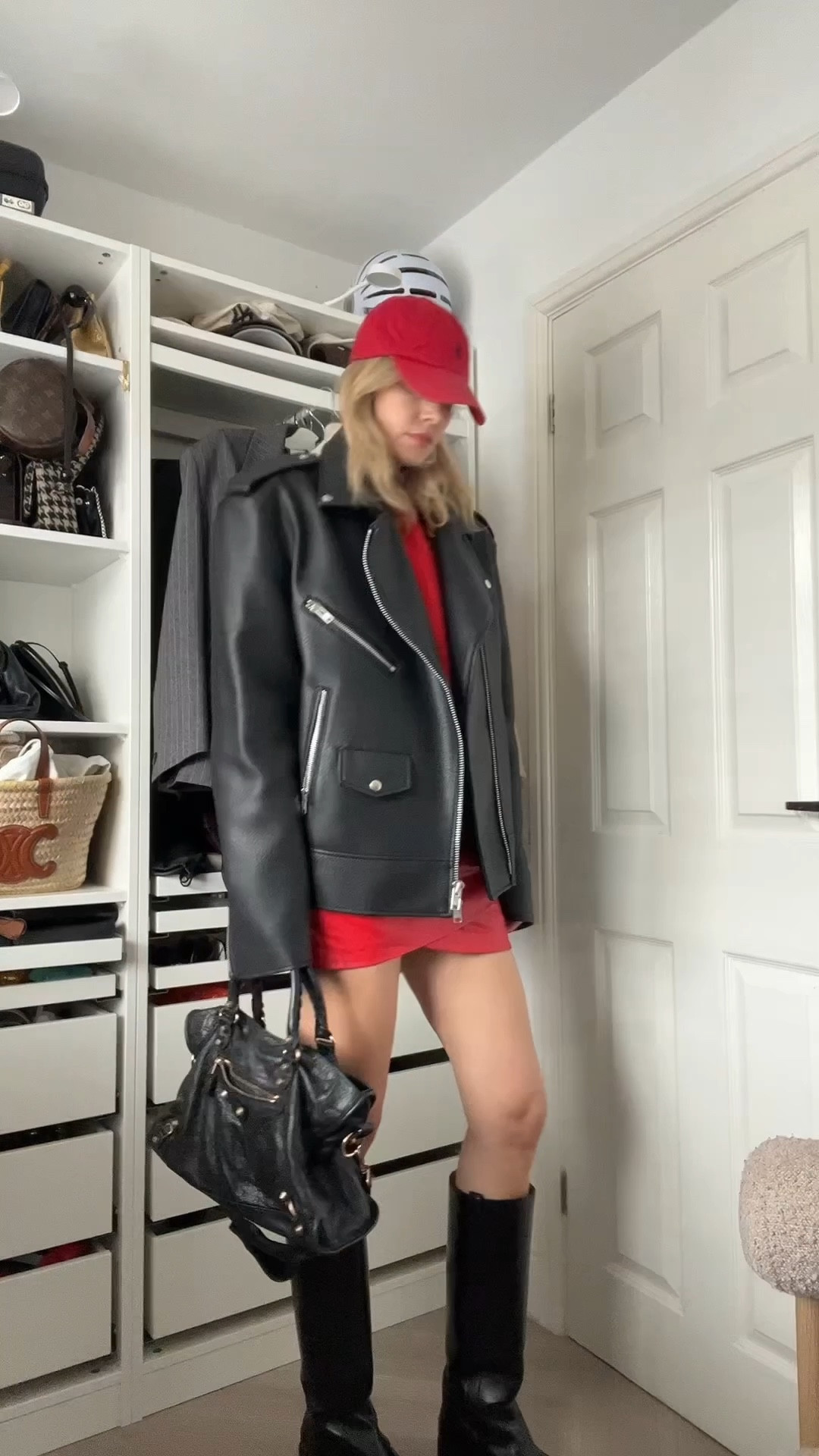 Spring outfit, red skirt, red cap, balenciaga bag, red jumper, sezane jumper, riding boots 

#LTKootd #LTKUK #LTKspring