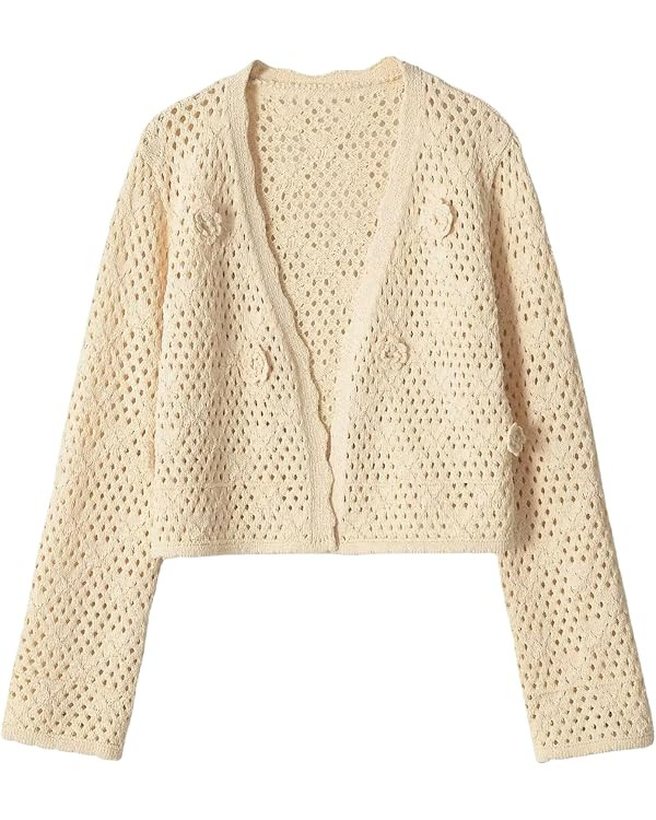 Chevara Women\u2019s Crochet Floral Cardigan Trendy Long Sleeve Open Front Pointelle Sweater Crop... | Amazon (US)