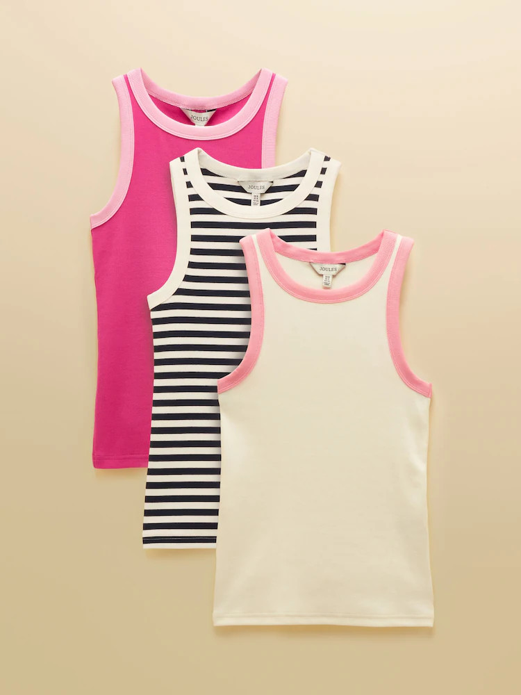 Navy/Cream/Pink - Joules Sofia Ribbed Jersey Vests 3 Pack | Next EU