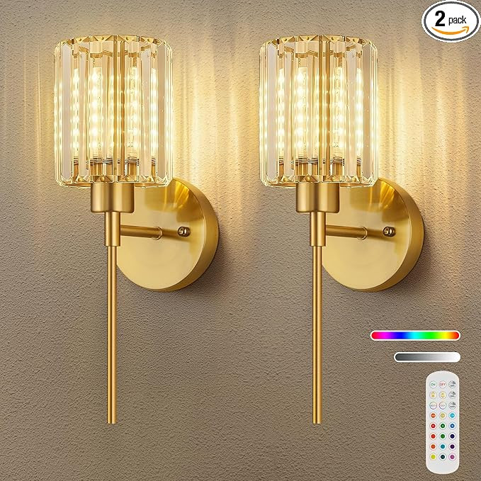 Crystal Battery Operated Wall Sconces, Brushed Gold Rechargeable Wireless Wall Sconce Lights with... | Amazon (US)