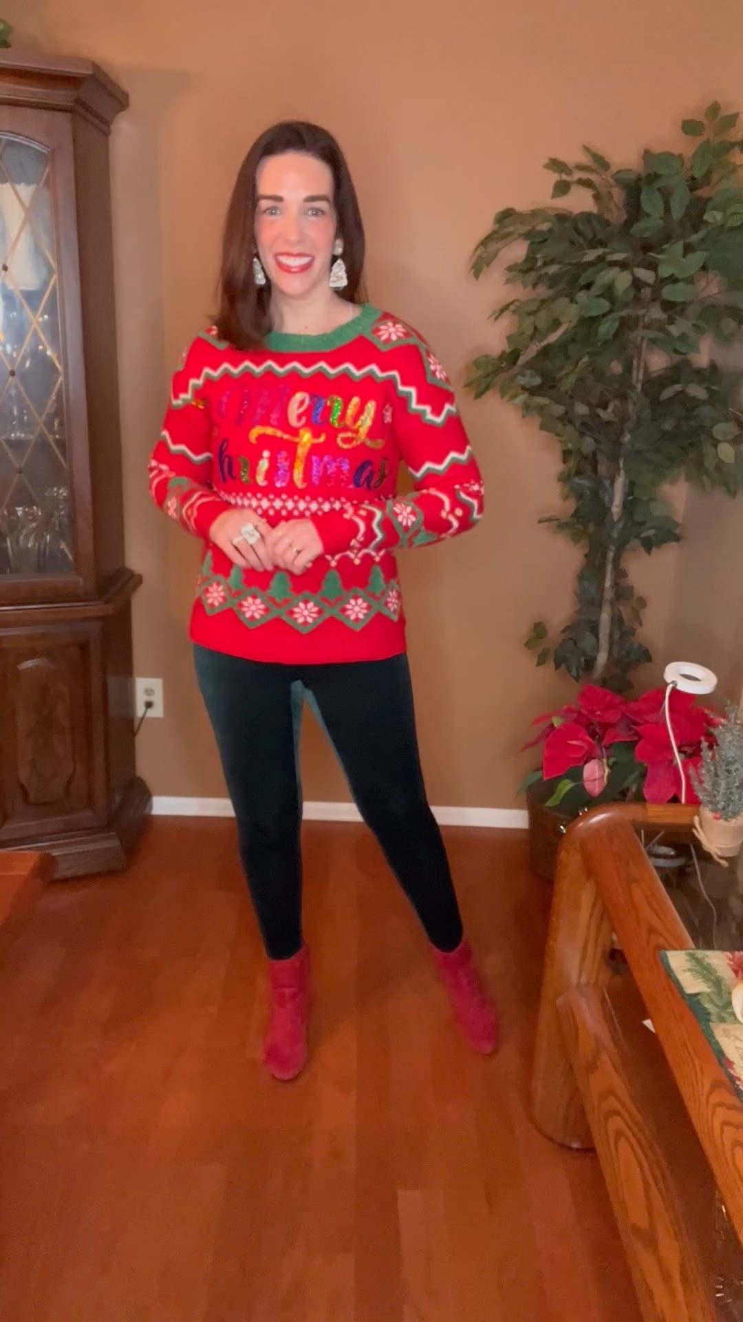 Merry Christmas red sweater (small). Green velvet leggings (small). Red suede boots (8.5). #sweater #redsweater #christmassweater #leggings #greenleggings #velvetleggings #boots #suedeboots #redboots #holidaysweater #christmasoutfit #holidayoutfit 
holiday outfits women
holiday party outfits 
winter outfits women 
holiday accessories 

#LTKFindsUnder100 #LTKSeasonal #LTKHoliday