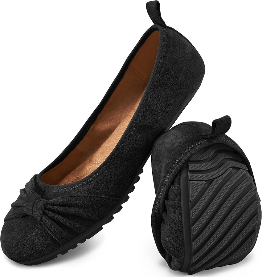 Ecetana Womens Flats Shoes Dressy: Round Toe Bowknot Suede Foldable Ballet Flats Comfortable Casu... | Amazon (US)
