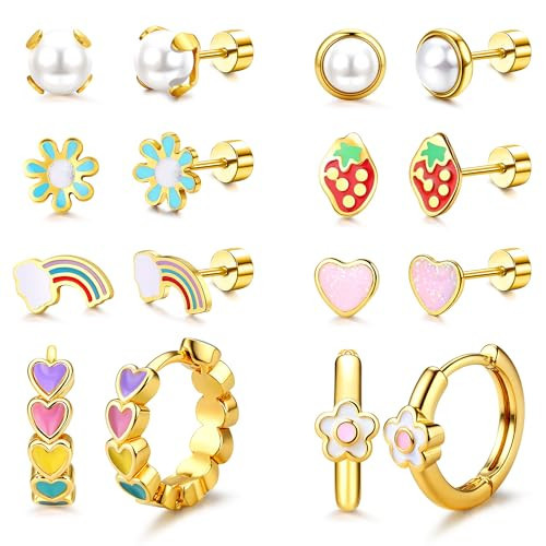 Florideco Gold Hypoallergenic Earrings For Women 316 Surgical Steel Earrings for Sensitive Ears Cute Small Daisy Hoop Earring Heart Flower Strawberry Rainbow Pearl Flat Back Earring Sets | Amazon (US)