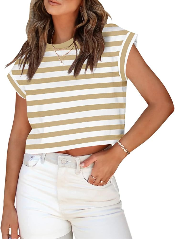 ZESICA Womens 2024 Summer Cap Sleeve Crewneck Crop Tops Casual Loose Striped T-Shirts Basic Tees | Amazon (US)